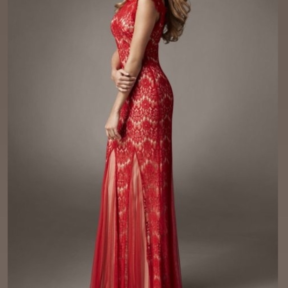 betsy & adam embellished lace mermaid gown